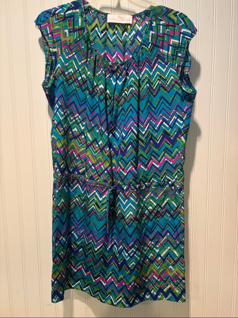 Amanda Uprichard Silk Drawstring Waist Multi Colored Chevron Pattern Dress Sz S